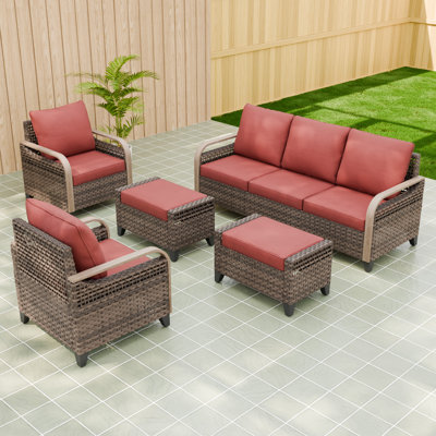 5-Piece Outdoor Patio Brown Wicker Wood Grain Armrest Dining Lounge Chair Sofa Seating Group with Cushion, Ottomans