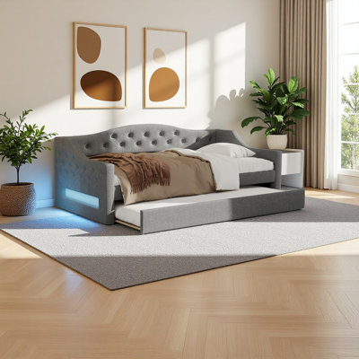 Upholstered Twin XL Size Daybed With LED Belt And Trundle