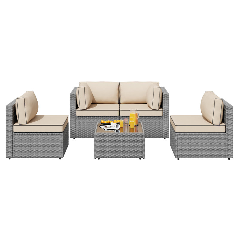 Proa 5-Piece Outdoor Rattan Patio Furniture Set, Khaki