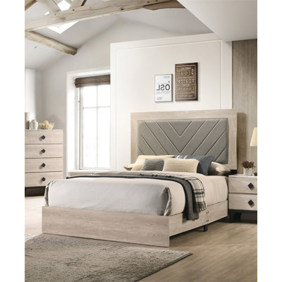 Contemporary 1pc Cream Finish California King Size Bed Bedroom Furniture Gray V-Design Headboard Rubberwood 1pc Bedframe