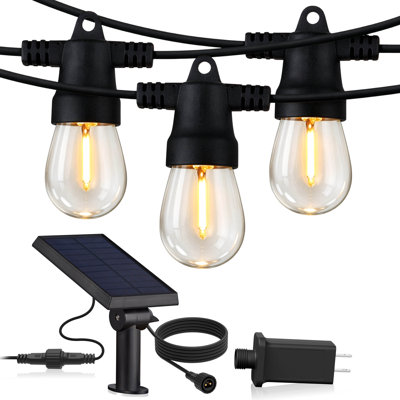Hybrid 48 ft. Solar Powered & Plug-In LED String Lights Outdoor Patio Waterproof with 15 Soft White S14 Shatterproof Edison Bulbs, Commercial-Grade