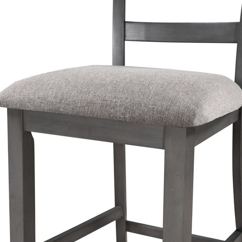 5 salles à manger en bois grises. Esthétique moderne. Cadre. Tablette cachée pour les chargeurs. Sièges confortables gris - hauteur de comptoir avec sièges et rangement Option de cuisine en bois massif