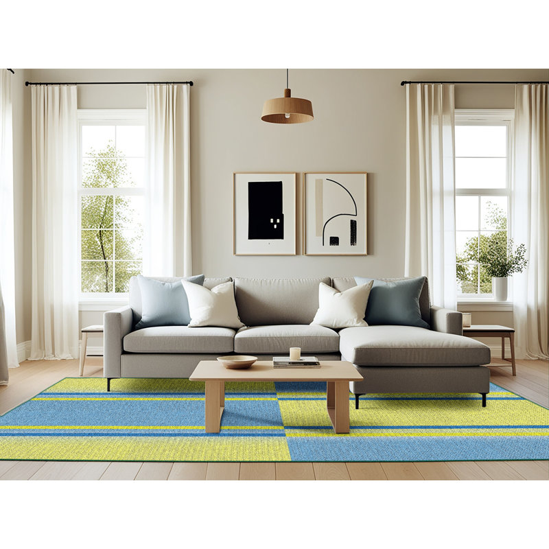 Tapis bleu ciel/bleu marine à motifs, Rectangle 6 pi x 9 pi