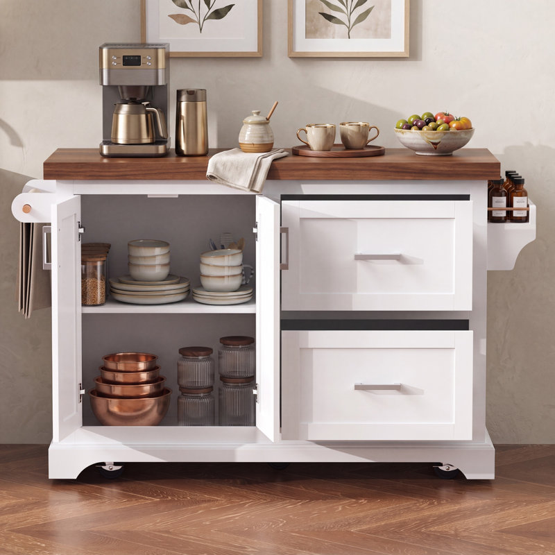 Îlot de cuisine 53 po avec bureau de 3,5 po d'épaisseur, 2 grands tiroirs, porte-épices et porte-serviettes, 5 roulettes
