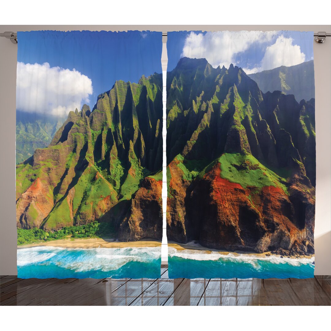 Rustikaler Vorhang, Berge Meer Wolken, Hawaii, Grün Braun