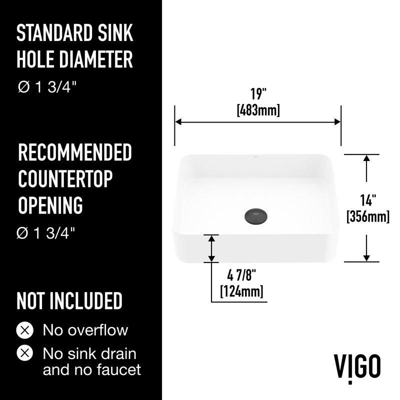 Lavabo de salle de bain rectangulaire minimaliste VIGO UltraThin ™ L 19 po x l 14 po blanc mat Matte Stone ™