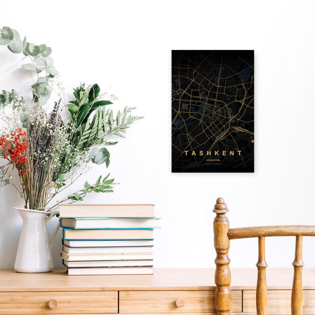 Golden Tashkent City Map Abstract Geometric Modern City Wall Art Print