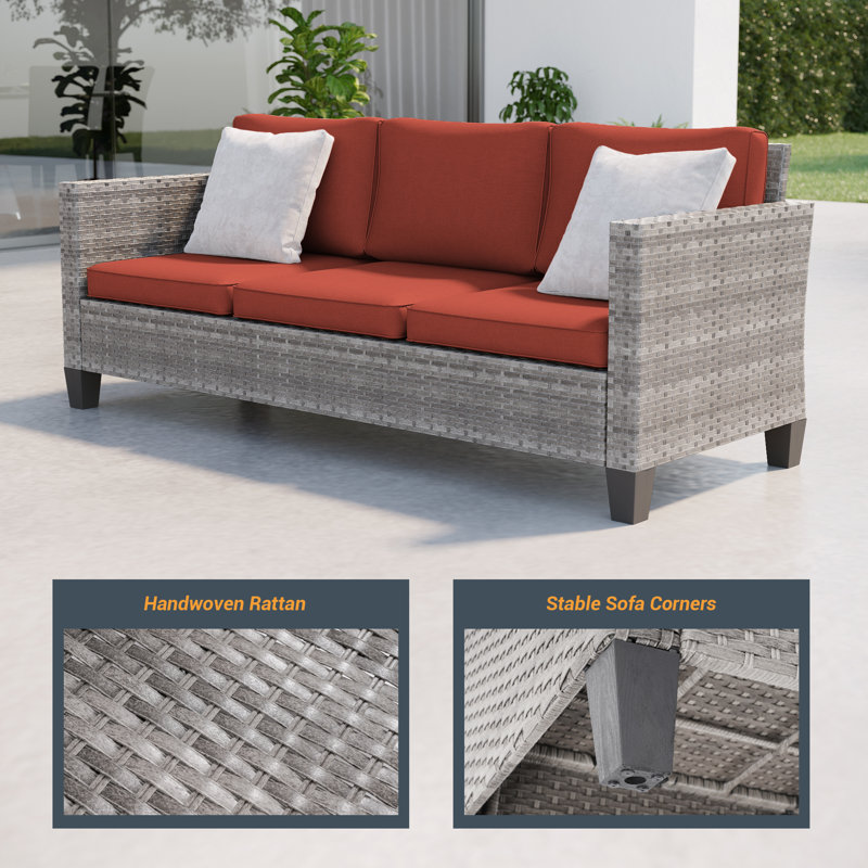 3 Seater Patio Sofa Wicker Outdoor Patio Sofa & All-Weather Rattan, Gray, Rust Red