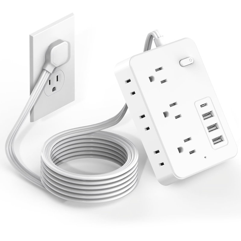Multiprise avec ports USB, 6 prises de courant, 3 ports de charge USB-A et 1 port USB-C, rallonge plate de 4,8 pi, prise à angle de 45 °, station de charge murale pour bureau à domicile