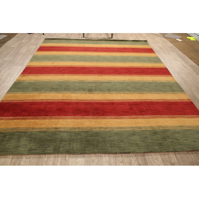 Tapis unique en laine noué à la main Gabbeh rouge / vert / jaune 8 pi 10 po x 12 pi 3 po New Age