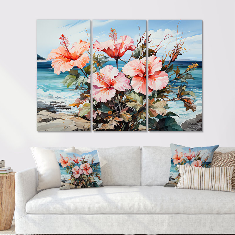 Hibiscus corail sur la plage - ensemble de reproductions d'art mural Hibiscus, H 28 po x l 36 po x P 1 po