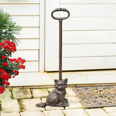 21.6" Tall Cast Iron Cute Cat Door Stopper Wedge - Heavy Duty Animal Statue With Handle, Antique Style Decorative Ornament For Home & Yard (Portable)