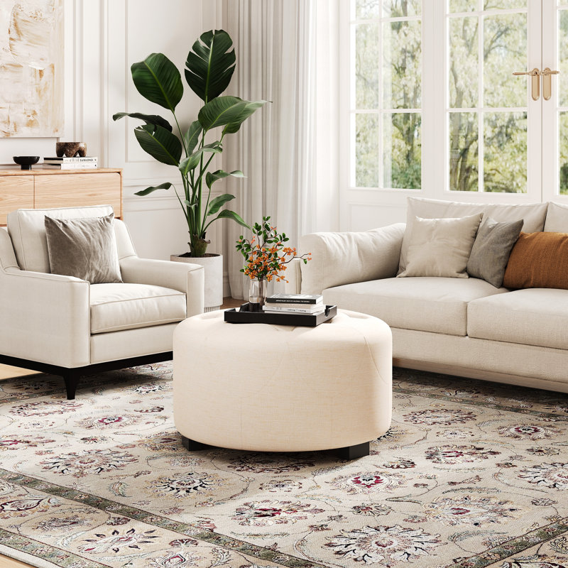 Bouton beige rond, fabriqué en mélange de lin, éponge à haute densité, système de ressorts ensachés, convenant au salon, à la chambre à coucher, à un meuble polyvalent
