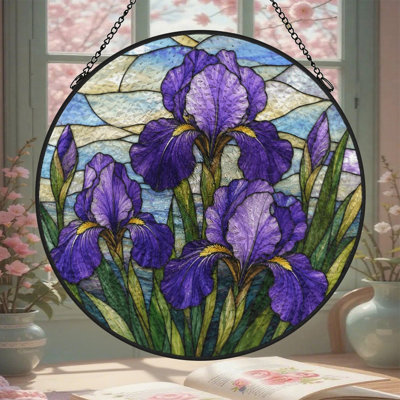 Attrape-soleil rond en vitrail (30 x 30 cm) avec chaîne en métal, idéal pour la décoration murale et extérieure. Une idée cadeau originale pour une pendaison de crémaillère ou la fête des mères. Convient autant à l'intérieur qu'à l'extérieur.