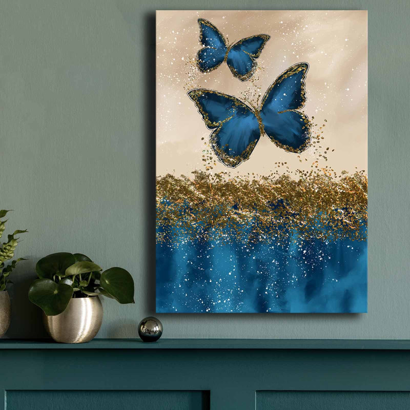 Art mural bleu et or élégance papillon - 27,6 po x 39,4 po