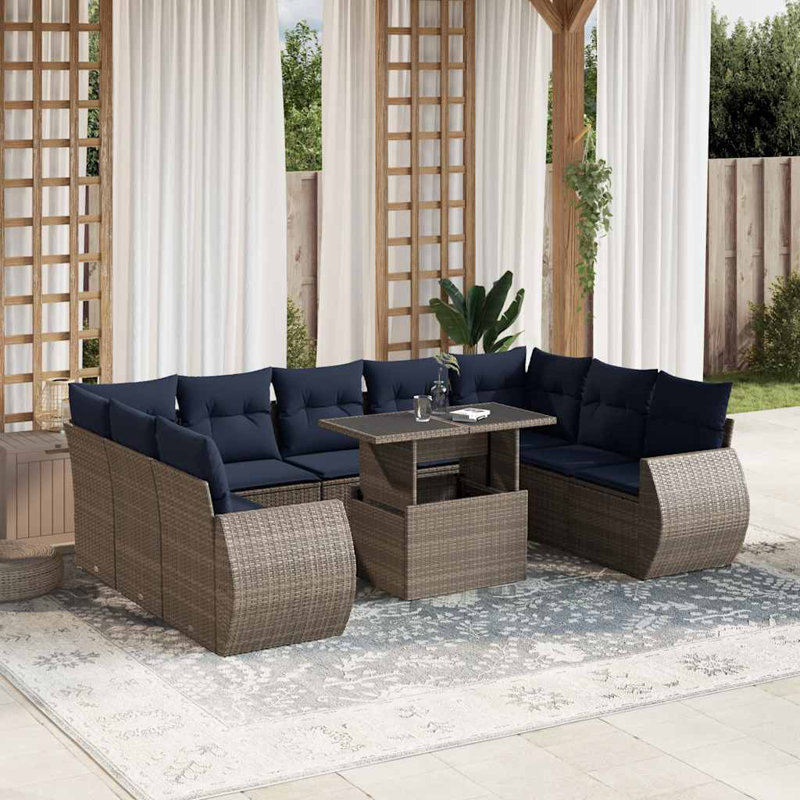  Ensemble de canapé de patio 10 pièces avec coussins en rotin de polyester brun, Gris, Marine