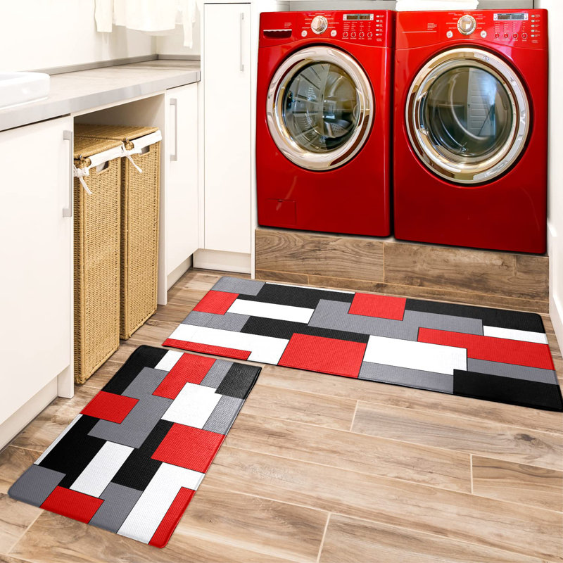 Anti Fatigue Kitchen Rugs Set of 2, Red/Black/Gray