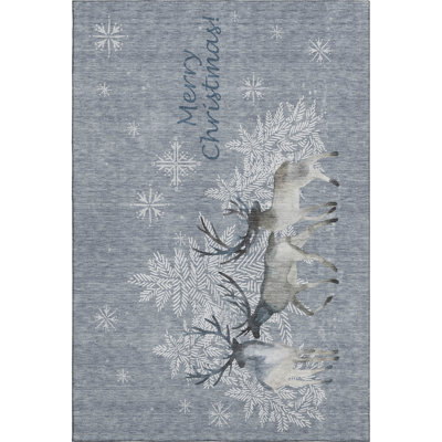 3' X 5' Gray Ivory And Blue Christmas Deer Washable Area Rug With UV Protection