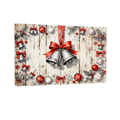 Christmas Christmas Bells Ornaments Wood Background Red Bow Set of 3 Canvas Wall Art Prints