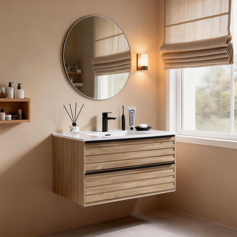 Ebern Designs Wall Mounted Floating Bathroom Vanity with Sink, 2 Extra Big Drawers, Golden Oak, 35"