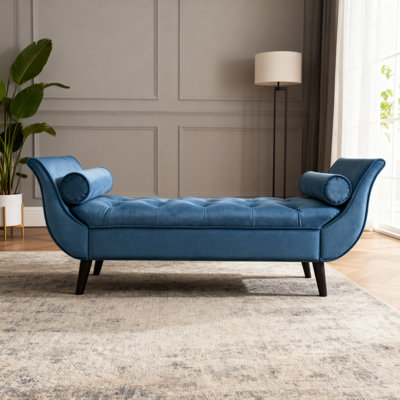 Banc de chambre à coucher (style pied de lit), banc rembourré en velours avec accoudoirs roulés et 2 coussins, convient aux chambres à coucher, aux salons et aux entrées