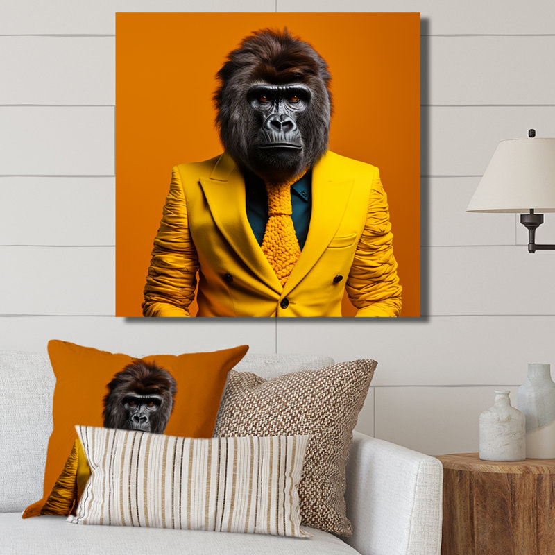 Jaune gorille en costume II - art mural gorille, Toile tendue, H 16 po x l 16 po x P 1 po