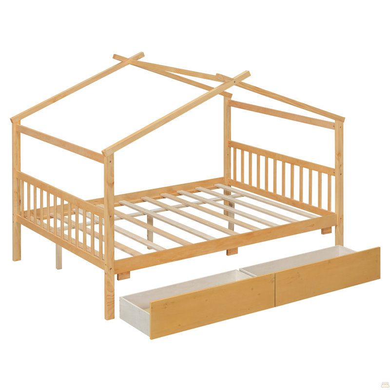 Lit double en bois avec tiroirs, Naturel, Lit double