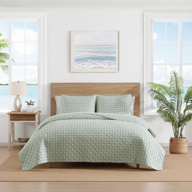Tommy Bahama Aubrey Cotton Reversible Quilt Set, Green Geometric, King Quilt + 2 King Pillow Shams