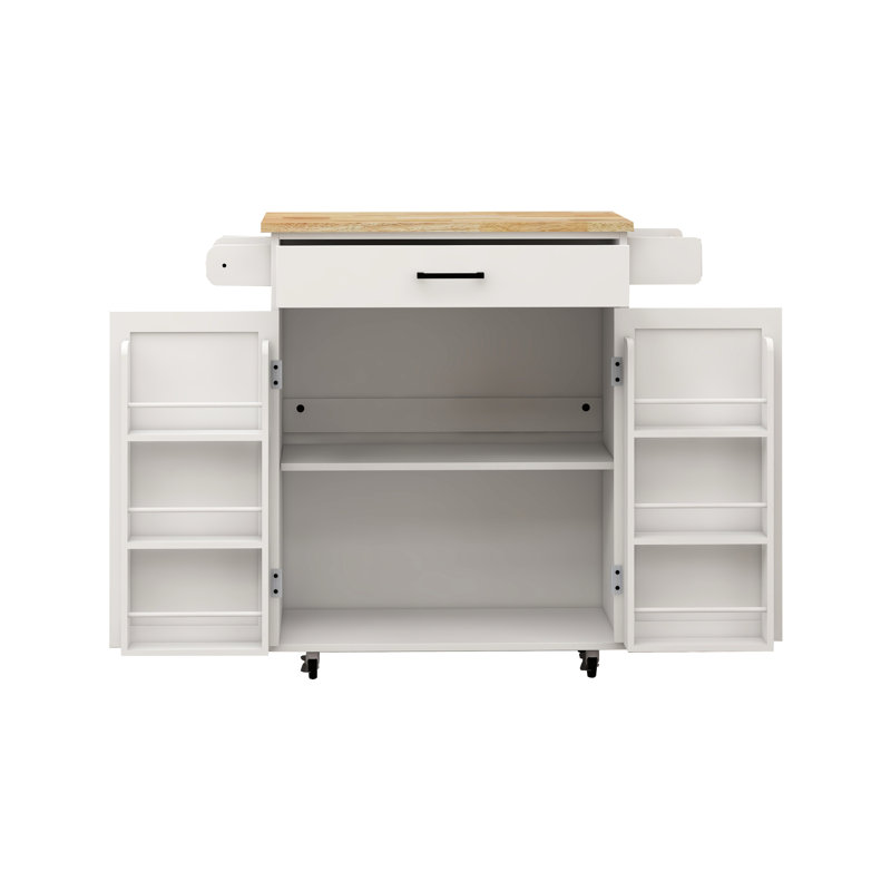 White Kitchen Island Trolley With Drawer, Doors, Storage, Adjustable Shelves, Towel & Seasoning - Rolling Quality