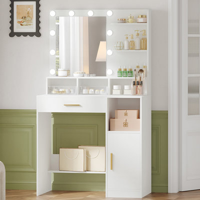 Vanity Desk with HD Mirror, Makeup Vanity with Led Lights,Dressing Table with Large Drawer and Storage Cabinet, 3 Lighting Modes Adjustable Brightness, Bedroom Dressing Table, White