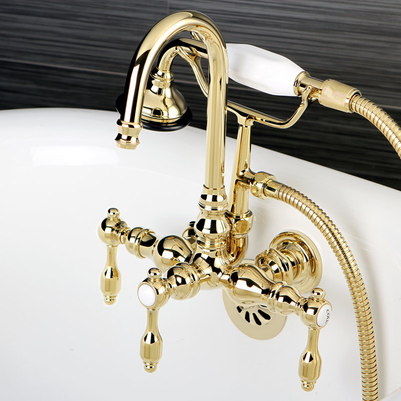 Kingston Brass Tudor Three-Handle 2-Hole Tub Wall Mount Clawfoot Tub Faucet with Hand Shower, Polished Brass