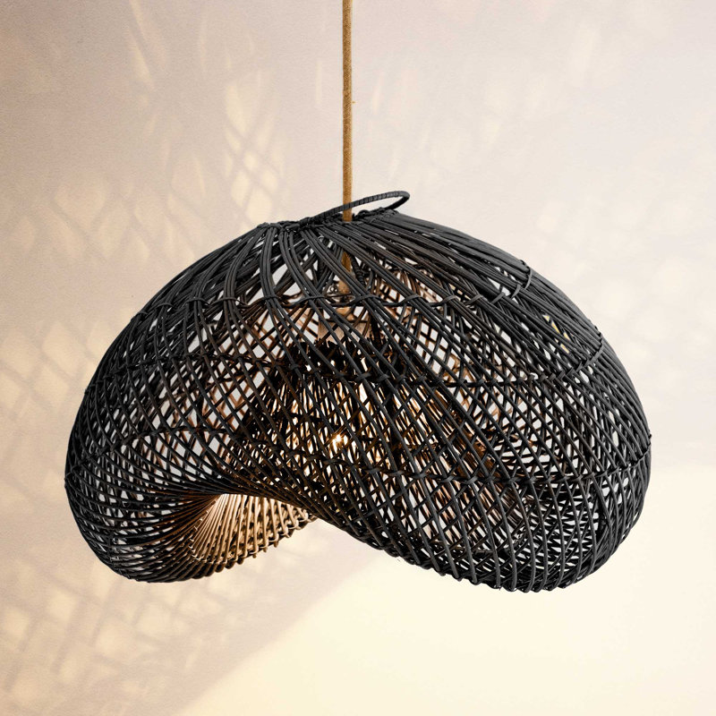 Lucian Outdoor Rattan Pendant Light - 28" Black Large Sculptural 1-Light Polished Handwoven Adjustable Light Fixture For Covered Patio, Porch in Modern, Traditional & Coastal Style