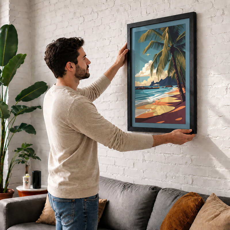 Tropical Beach Retreat Coastal - Framed Print, Walnut, A1 - 84.1 x 59.4 cm