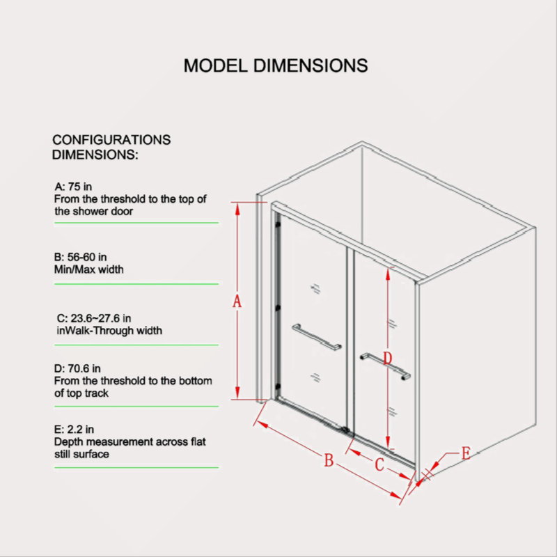 56-60"W X 75"H Double Sliding Shower Door, Aluminium Alloy Frame In Matte Black, 1/4" (6Mm) Thick SGCC Tempered Clear Glass.