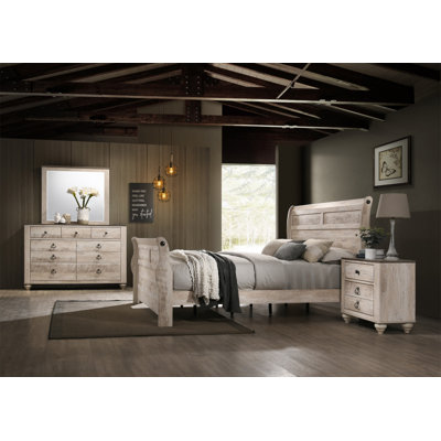 Imerland Contemporary White Wash Finish Bedroom Set With King Sleigh Bed, Dresser, Mirror, Nightstand