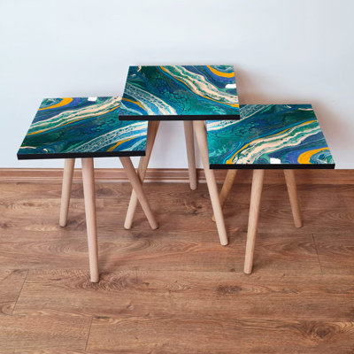 Elegant 3-Piece Nesting Table Set, Abstract Marble Design, 1.4 x 1.4 x 1.4 ft | 100% MDF with Beech Wood Legs | Large Table: 13.8 x 20.5 x 13.8 in, Medium: 13.8 x 18.5 x 13.8 in, Small: 13.8 x 16.5 x 13.8 in | Perfect for Living Room & Modern Decor