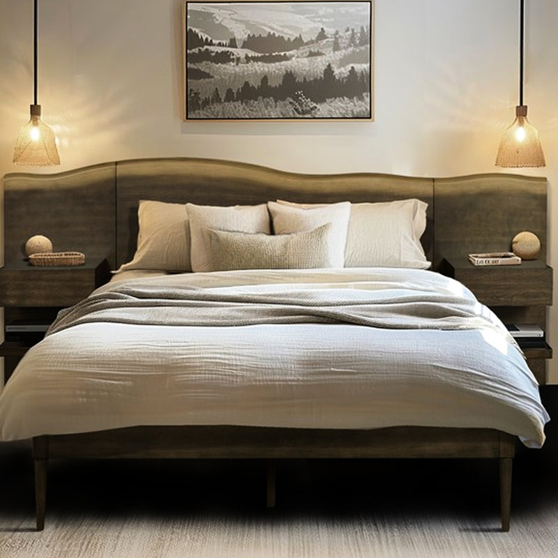 Dark Brown Platform Bed With Live-Edge Headboard And Integrated Nightstand Space Queen Charming Built-In Cabinets,