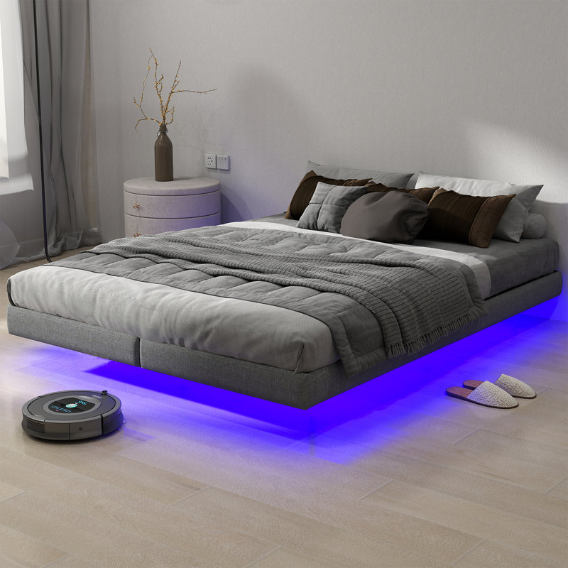 Floating Bed Frame with LED Lights Metal Slats Underbed Storage Space No Box Spring