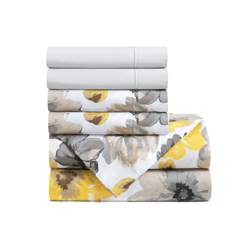 Queen Yellow and Gray Floral Microfiber Sheet Set
