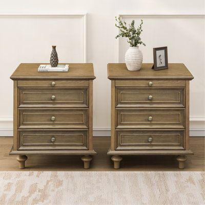 Farmhouse Nightstands Set of 2 with 4 Drawer,Wood Storage End Table with Hidden Pull-Out Shelf, Large Side Table with 4 Solid Wood Feet and Metal Handle,Easy Assembly