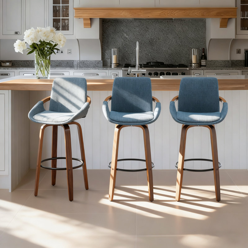 Swivel Upholstered Bar Stool, Blue/Linen, Bar Stool (76.2cm Seat Height)