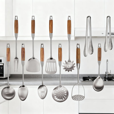 12-Piece Stainless Steel Kitchen Utensil Set With Wooden Handle, Professional Heat Resistant Cooking Tools Including Spatula, Ladle, Skimmer, Spaghetti Spoon, Tongs, And Potato Masher