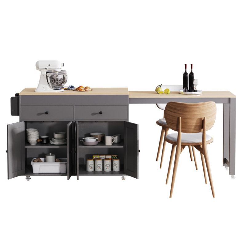 74.5 Inch Kitchen Island With Extendable Dining Table , Rolling Kitchen Island On Wheels With Spice Rack And 2 Drawers,  Kitchen Storage Cart With 4 Door Cabinet, For Kitchen, Dining Room