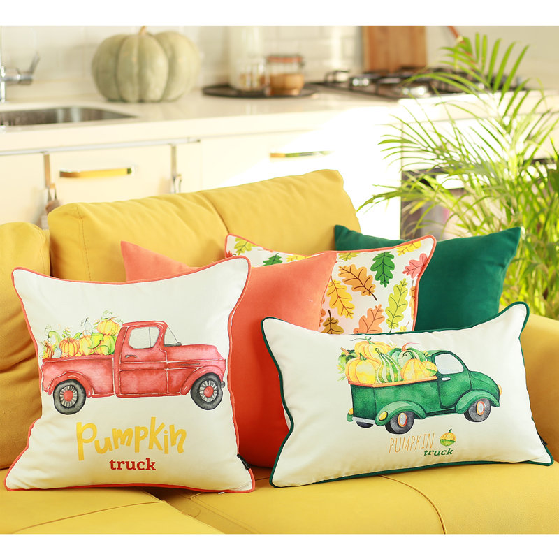 White and Green Pumpkin Truck Lumbar Pillow Cover