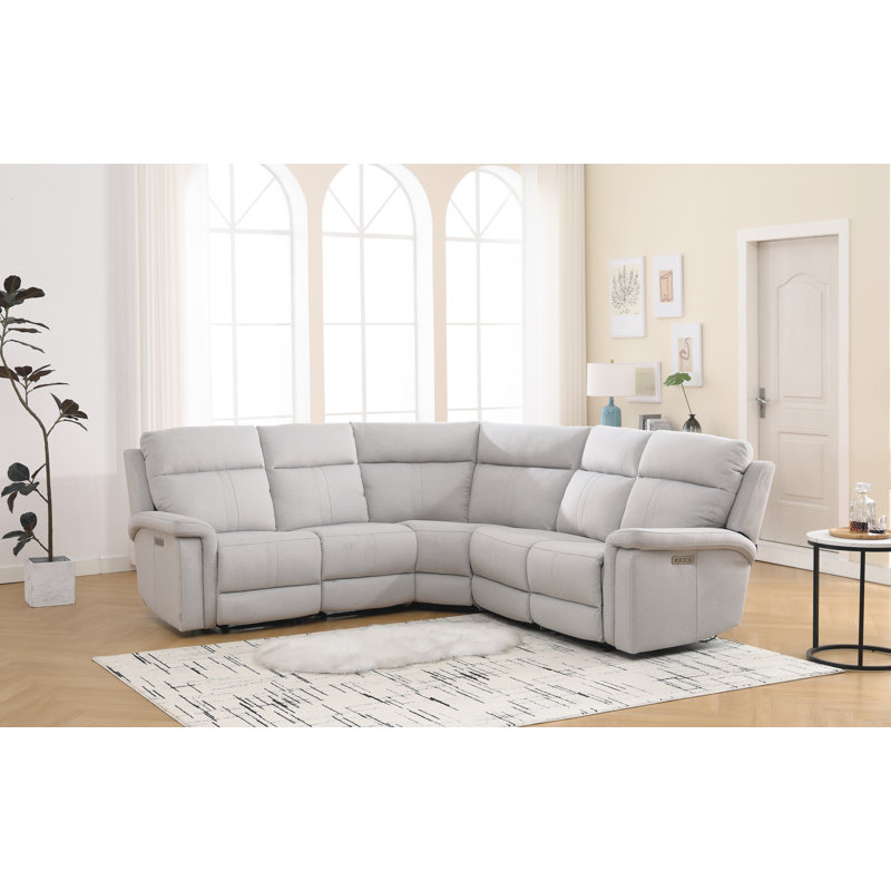 Jonestown 5 - Piece Cushion Back Power Reclining Sectional With Adjustable Lumbar Support & Headrest, Silver Polyester Blend