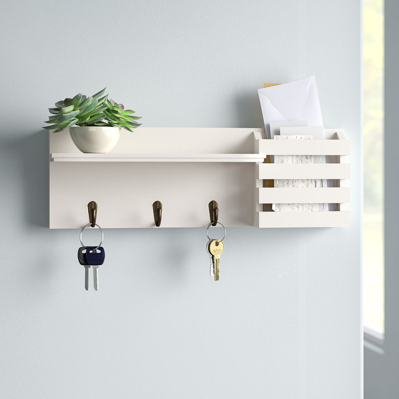 Speight Wall Mail Organizer with Key Hooks, White/Brown
