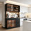 Buffet 47,24 po en bois massif noir moderne avec éclairage à DEL, portes en verre et rangement double