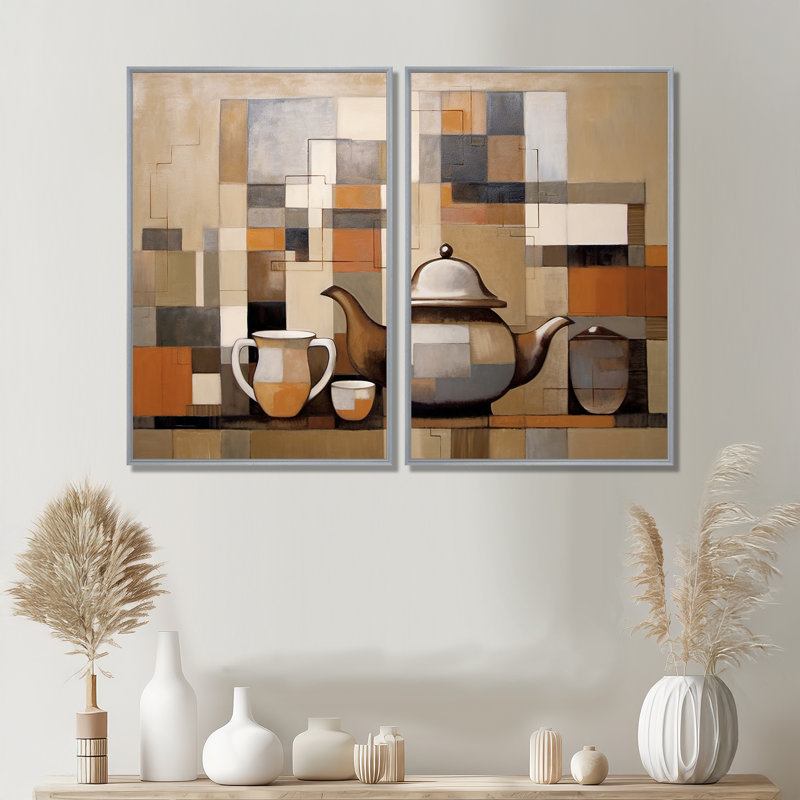 Cubisme culinaire - art mural sur toile traditionnel jaune 2 panneaux, Argent argent, H 36 po x l 48 po