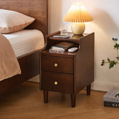 Solid Wood Nightstand with Two Drawers and Pull-out Panel Storage Bedside Table