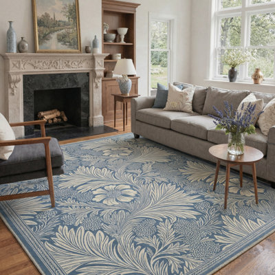 Aflora Floral Machine Washable Celestial Blue Indoor Area Rug With Non-Slip Backing